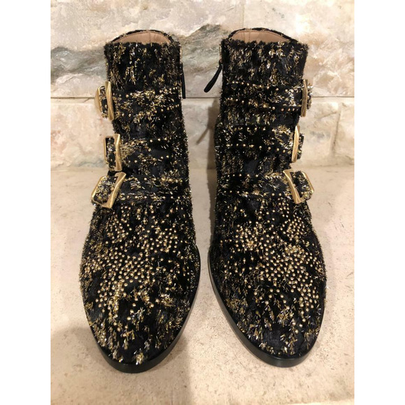 Chloe Suzanna Black Gold Velvet Coupe Studded Short Zipper Ankle Heel Bootie 37 - Picture 7 of 12